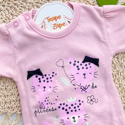 Kit 3 Peças - Bodys Manga Curta Oncinhas - Rosa, Rose e Off White